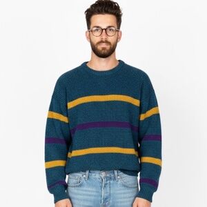 Vintage 80s Le Tigre Men’s Striped Knit Sweater Large Teal Eclectic Grandpa EUC